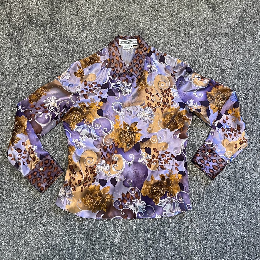 Vintage Starington Silk Shirt Blouse Purple 80s Print